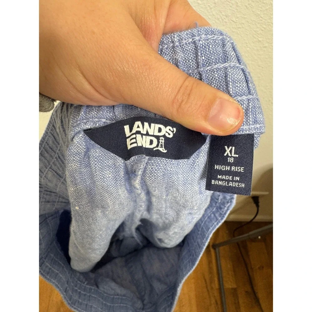 Lands End Womens XL 18 Blue 100% Linen High Rise Drawstring Elastic Waist Shorts